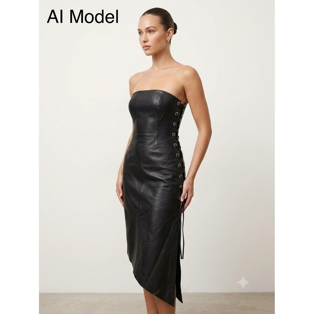 Newport News Real Black Leather Strapless Lace Up Asymmetrical Midi Dress Size 8